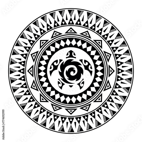 Round tattoo ornament with turtle maori style. African, aztecs or mayan ethnic style. Black and white.