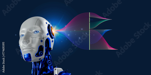 3d robotic render ith data flow diagram copy space on blue , artificial intelligence concept