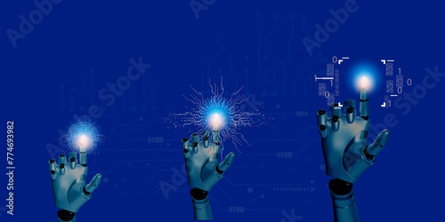3d robotic render hand with circuit diagram on blue  copy space