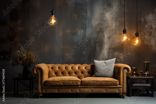 stylist and royal Lamp hanging above couch, space for text, photographic