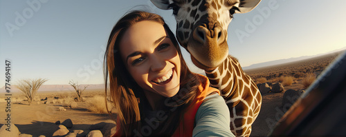 Smiling woman with girafe taking selfie.