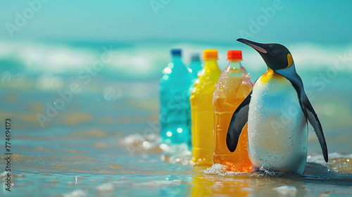 penguin with bottles World penguin day April 25, Penguin Awareness Day Good for banner, poster, greeting card, party card, invitation, template, advertising, campaign, and social media.