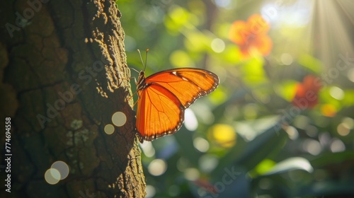 Colorful tropical background. bright orange monarch butterfly on a tree