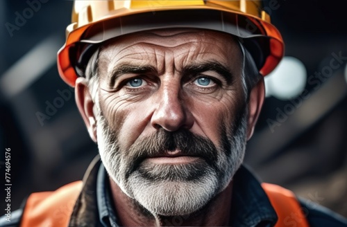 An elderly male worker miner in a uniform and helmet, portrait against the background of a mine © Alsu