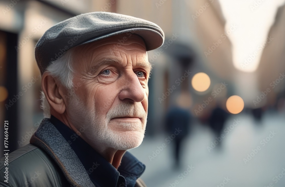 Close-up portrait of an elderly man against a city background Close-up portrait of an elderly man against a city background