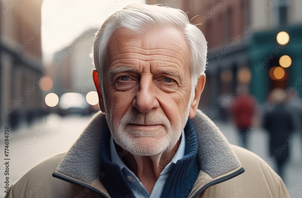 Close-up portrait of an elderly man against a city background Close-up portrait of an elderly man against a city background