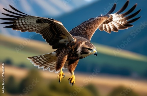 Bird of prey hawk in flight against the background of nature in its natural habitat