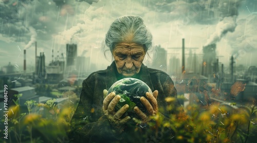 Elderly woman presenting Earth in polluted air, reflecting on the legacy of environmental stewardship photo