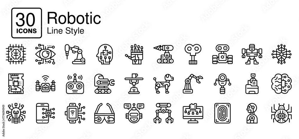 Robotic icons in outline style. Collection of Robotic, Technology, AI, Futuristic Icon set in Line Style. Simple vector editable stroke, easy to use	