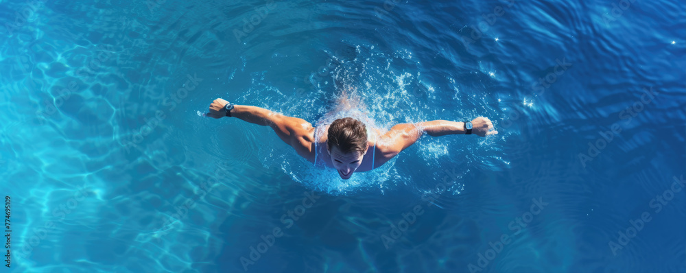 Swimmer man in water top view. Man swimming in pool aerial view.