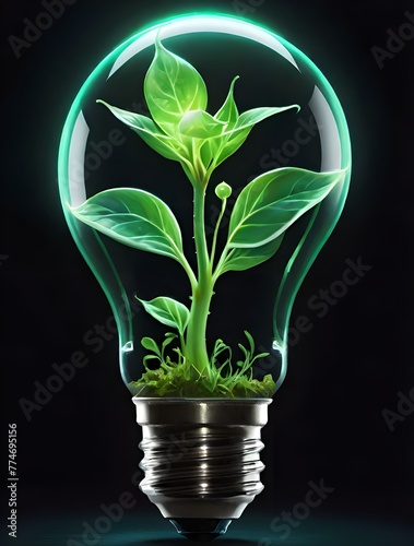 Green plant sprout seedling inside a lightbulb with dark background 