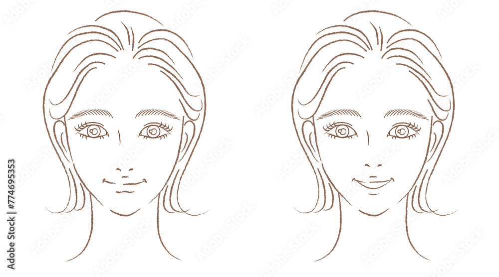 女性の顔アップのイラストセット　きれいめ手描き　線画のみ