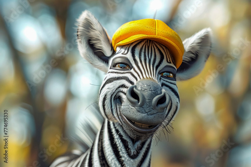 Cute striped zebra in a yellow cap against the background of nature and blue sky. The concept of exotic animals, world travel, outdoor activities.