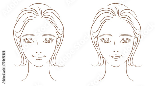 女性の顔アップのイラストセット きれいめ手描き 線画のみ