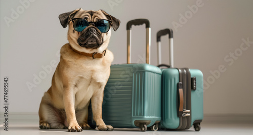 A funny pug dog in sunglasses sits next to suitcases on a gray isolated background. The concept of traveling with animals. © evgeniia_1010