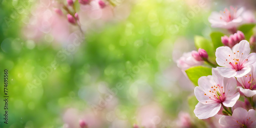 A dreamy spring-themed abstract background with out-of-focus blossoms and leaves