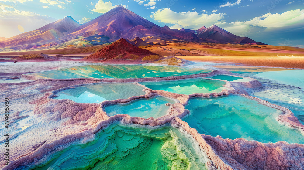 landscape with salt flats in the foreground a beautiful turquoise water in it, and colorful mountains in the background