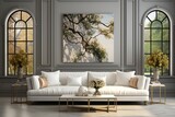 stylist and royal Modern interior with white sofa panorama 3d render, space for text, photographic