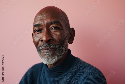 Portrait of a senior African man in a blue sweater on a pink background
