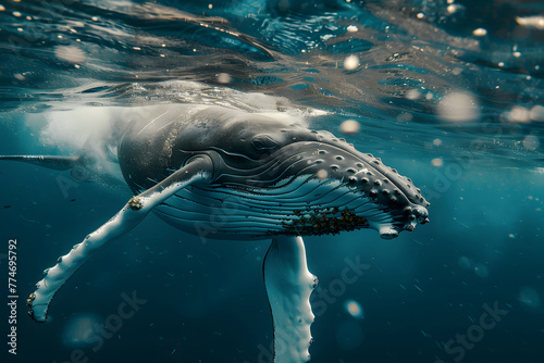 humpback whale swimming in the clear blue ocean. The whale, distinguishable by its long pectoral fins and knobbly head, is captured from an underwater photo