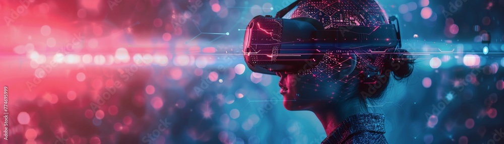 Person using braincomputer interface for virtual reality, immersive and dynamic, digital world exploration , sci-fi tone, technology - obrazy, fototapety, plakaty 