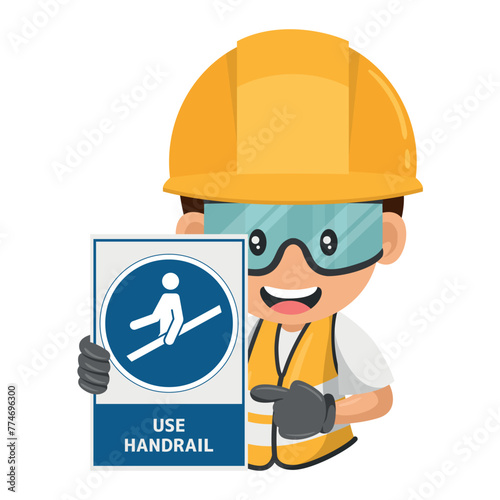 Industrial construction worker with mandatory sign use handrail. Mandatory use of handrails to prevent falls, slips or trips. Safety first. Industrial safety and occupational health at work