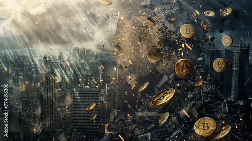 Digital composite concept showing raining Bitcoins with a futuristic city background