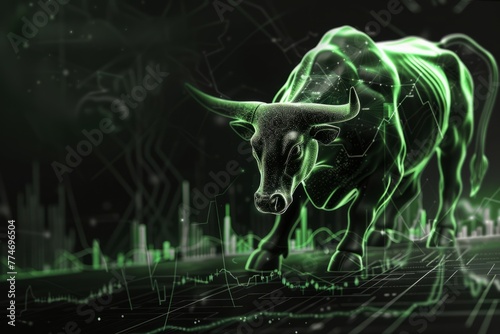 green stock market chart with bull running in it , glowing lines, dark background