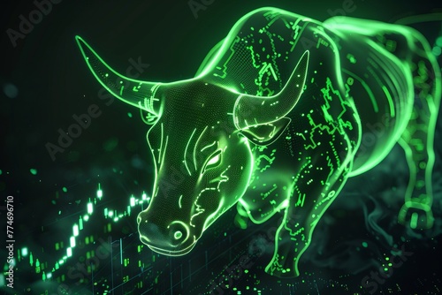 modern wallpaper, the green stock market chart with bull on dark background, glowing light effect