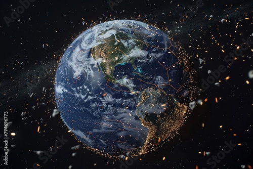Satellite view of Earth, overlaid with trajectories of space junk, hightech and informative, showing dense debris orbits photo
