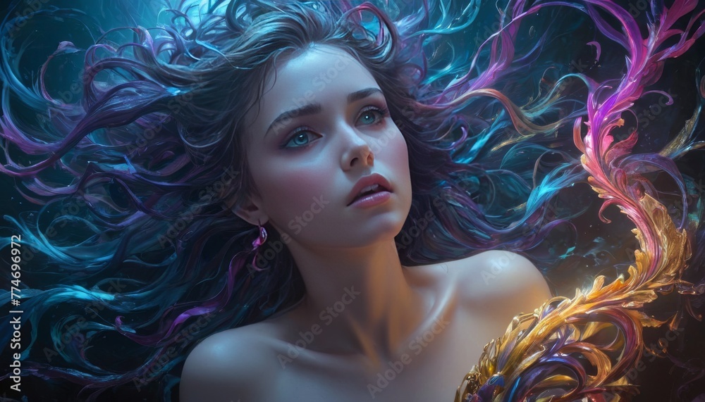 A whimsical siren emerges from a colorful abyss, her gaze captivating ...