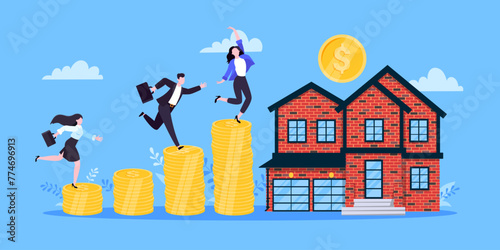 Mortgage refinance to buy a house flat style design business concept. Real estate property or mortgage loan investment. Business people climb money coin stack and home building vector illustration.
