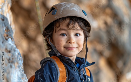 A young boy wearing a helmet and a black jacket is smiling. He is wearing a backpack and he is enjoying himself