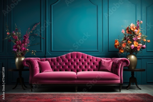 stylist and royal Stylish sofa and carpet on color background, space for text, photographic