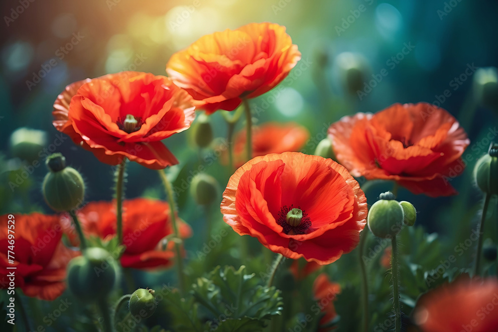Fototapeta premium Abstract bokeh poppy flowers background, red, green blue colors, golden hour lighting