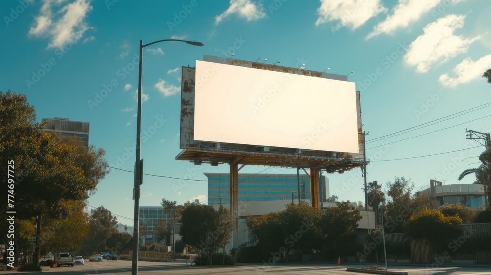 Fototapeta premium Blank billboard on a street, a blank billboard with copy space for text or content, mockup of a blank billboard in a big city, day scene. Space for your ad