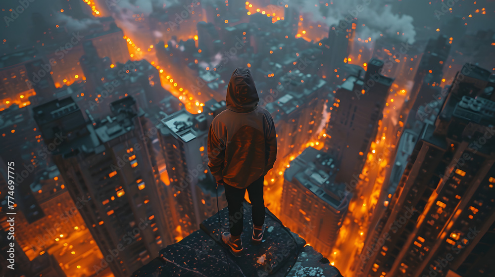 Hoodie Man Stand on rooftop high building over city at night with city lights Hoodie Man Stand on rooftop high building over city at night with city lights