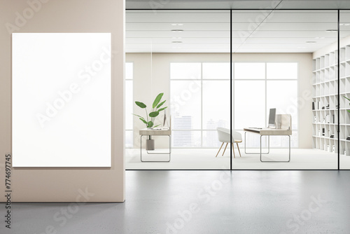 A modern office interior with a blank poster on the wall  glass partitions  and an urban view outside the windows. 3D Rendering