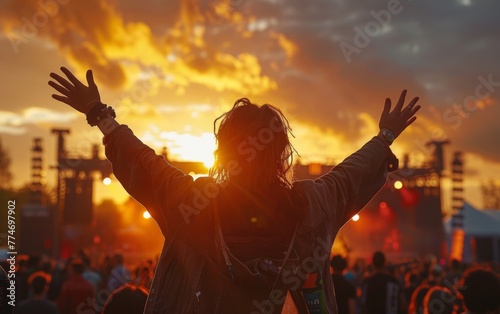 A woman is standing in a crowd of people  with her hands raised in the air. The sun is setting in the background  creating a warm and inviting atmosphere. Concept of joy and celebration  as the woman