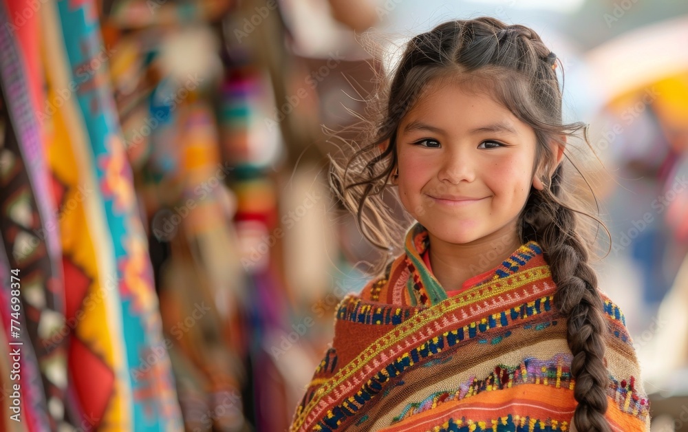 A young girl wearing a colorful blanket and braids is smiling. The scene is set in a market, with various items on display A young girl wearing a colorful blanket and braids is smiling. The scene is set in a market, with various items on display
