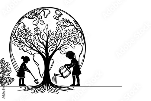 Continuous one black line art drawing children watering a tree. planting tree to save the world and earth day reduce global warming growth concept vector illustration on white background