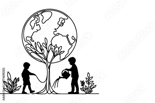 Continuous one black line art drawing children watering a tree. planting tree to save the world and earth day reduce global warming growth concept vector illustration on white background