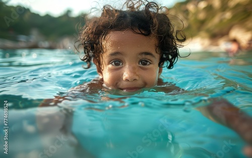 A young child is swimming in a pool and smiling. The water is clear and calm. The child s hair is curly and wet
