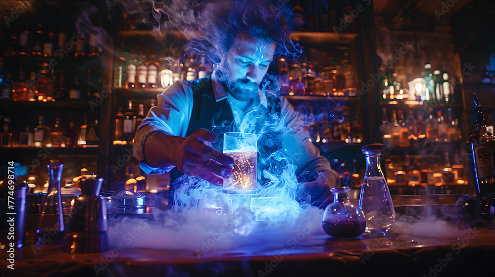 Flair bartending with potions that grant immortality