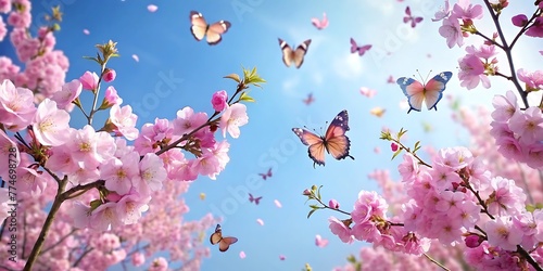 Beautiful Spring Pink Sakura Flowers With Butterflies, Spring Background, Sakura Flowers Background