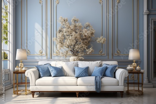 stylist and royal white and blue living room whit classic sofa-rendering,Octane Render photo