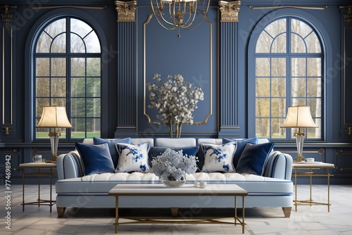 stylist and royal white and blue living room whit classic sofa-rendering,Octane Render photo