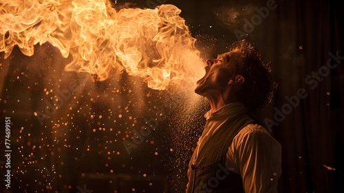 Man Sideshow performance with real supernatural abilities Blowing fire from mouth photo