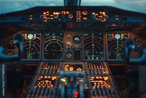 The control panel and display in an airplane cockpit