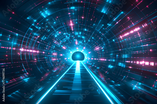 futuristic blue tunnel, traveling through a high-speed data stream or entering a virtual reality porta